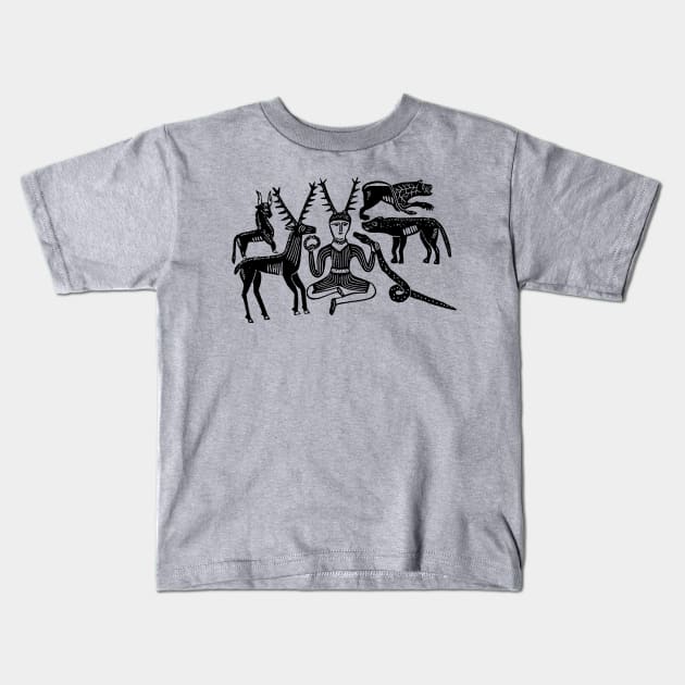 Cernunnos and Animals from the Gundestrup Cauldron (Black Ink Version) Kids T-Shirt by LaForma